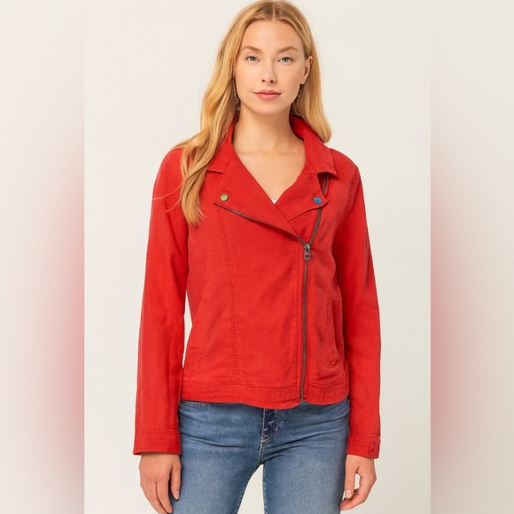 Cynthia Rowley linen moto jacket in a red or coral color.